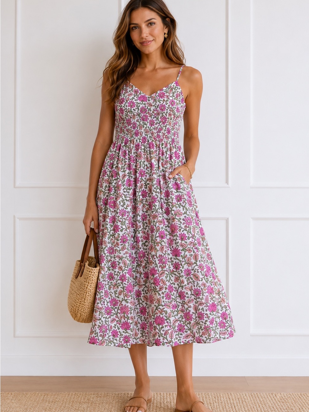 DRA Los Angeles Indian Blockprint Floral Smocked Midi Dress Size Medium